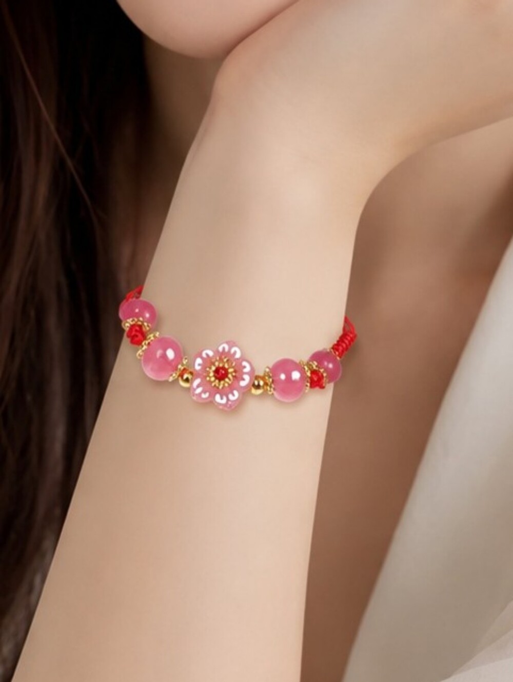 Lucky Red String Flower Bracelet Pink Beaded Adjustable Friendship Gift Feminine